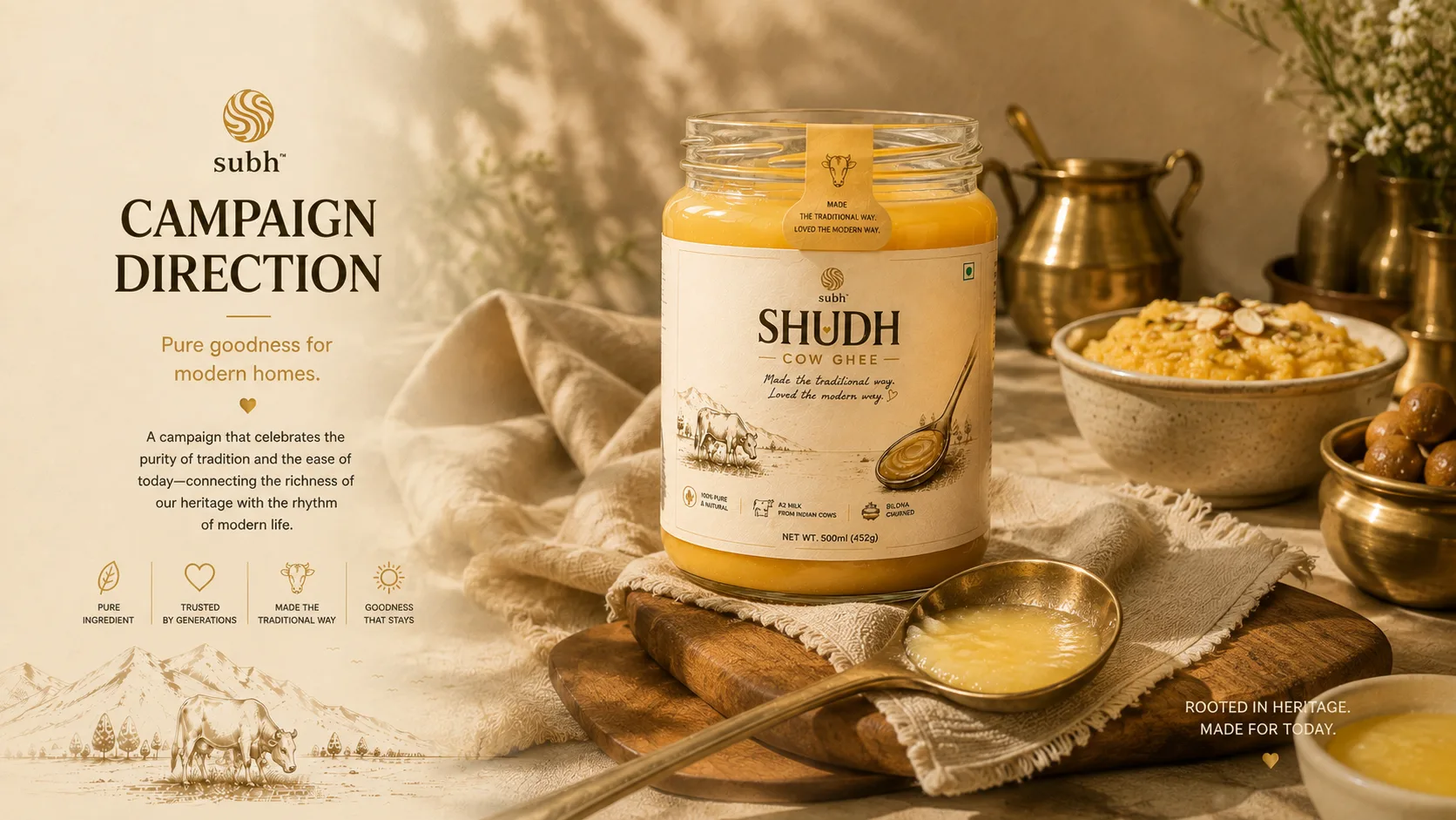 Subh Ghee — Packaging Design packaging & visual design mockup 13 by Raghav Chopra